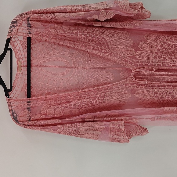 CHOA Pink Dark Rose Lace Kimono Duster Cover Up w Front Tie Large To X-large - Picture 2 of 8